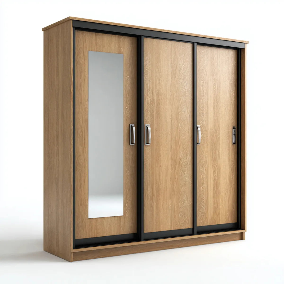 Armadio guardaroba 3 ante scorrevoli rovere naturale nero con specchio 180 x 60 x 200 cm in truciolare nobilitato